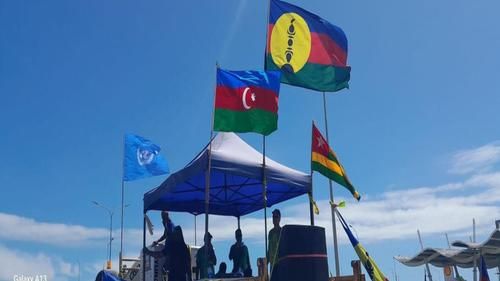 Флаги Азербайджана и Новой Каледонии на митинге в последней