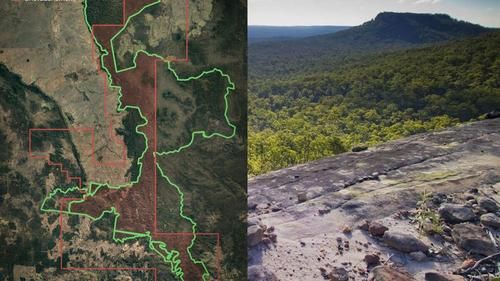 Пейзаж национального парка Expedition в Австралии и карта пересечений его территории с лицензиями газового проекта Gladstone LNG, в котором TotalEnergies является акционером