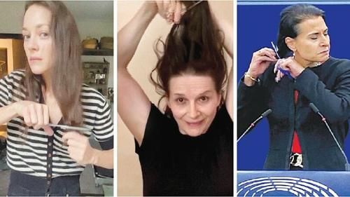 флешмоб #HairForFreedom, слева направо: киноактрисы Марион Котийяр, Жюльет Бинош и шведская депутатка Абир Аль-Сахлани